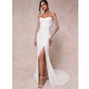 NWT‎ Lulus Eternally Beloved White Mesh Off The Shoulder Pearl Maxi Dress Size S